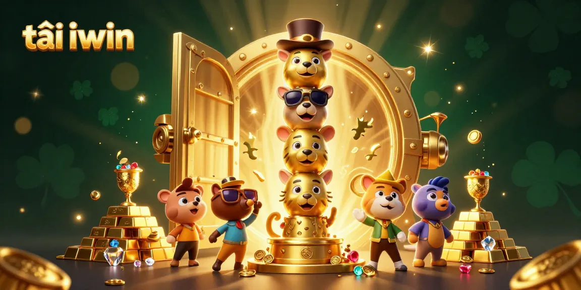 Engage in thrilling gameplay with tải iwin, featuring a lively illustration packed with casino elements and gold treasures.