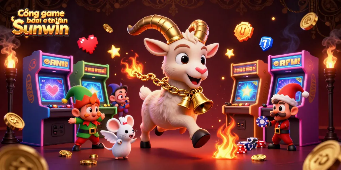 Cổng game bài đổi thưởng Sunwin showcases a festive casino scene with a spooky Krampus goat and playful characters engaging in games.