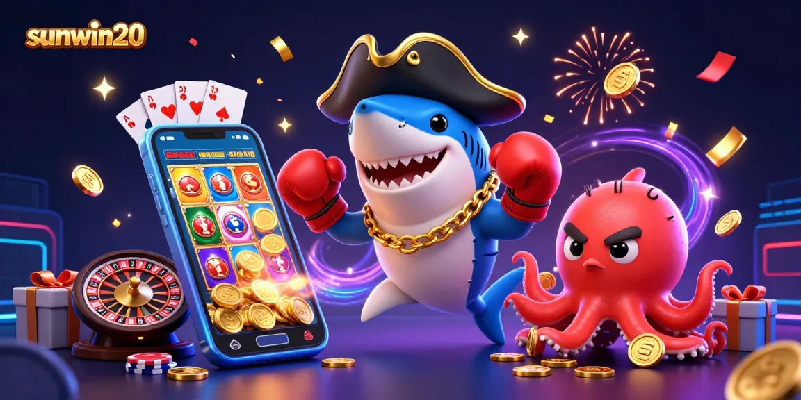 Engage in exciting games at sunwin20 with a pirate shark, pufferfish, and octopus amidst dynamic casino elements.