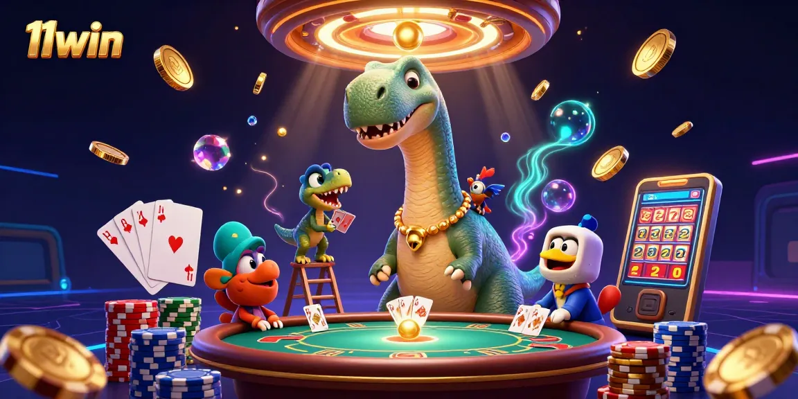 Join the excitement at 11win with this vibrant casino scene featuring a playful brontosaurus!