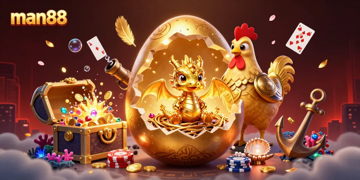 Experience man88 with a vibrant 3D dragon guarding gold chips amidst festive casino-themed elements.