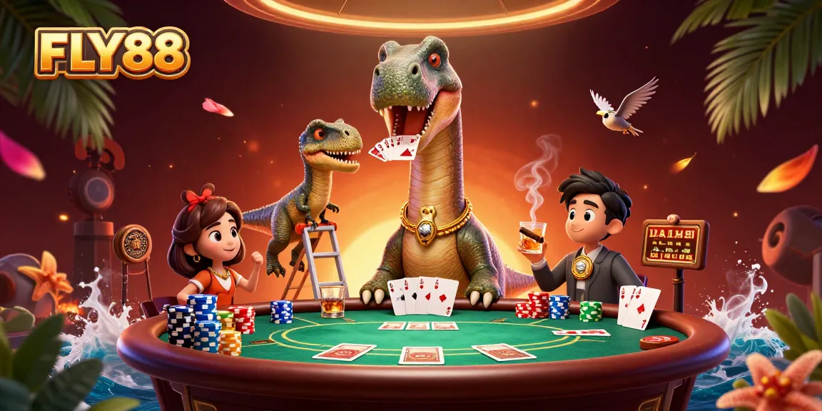 FLY88 players enjoying a vibrant poker game in a lively casino scene featuring dynamic characters.