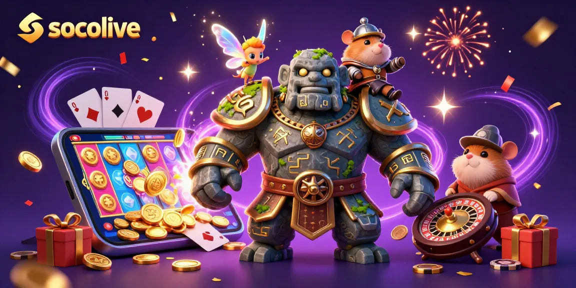 Socolive's vibrant 3D casino scene featuring a magical golem, fairy, and hamster knight surrounded by gaming elements.