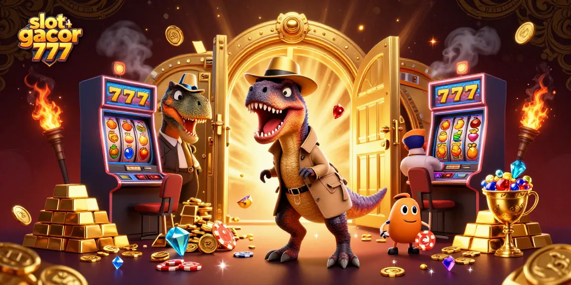 Engage with slot gacor 777 in a vivid scene of a dinosaur card counter amid slot machines.