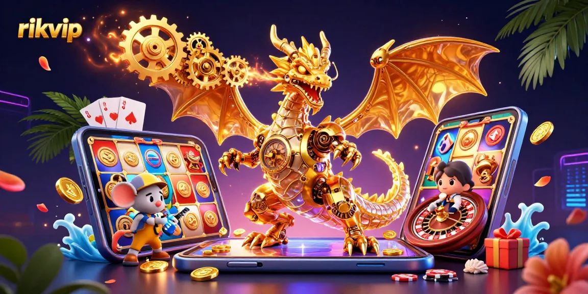 Experience thrilling gameplay at rikvip with a golden dragon amidst casino games and treasures.
