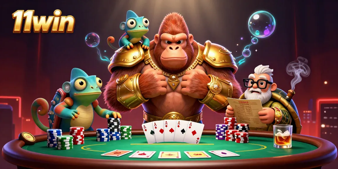 Experience thrilling poker action with 11win, featuring a king gorilla, chameleon, and tortoise.