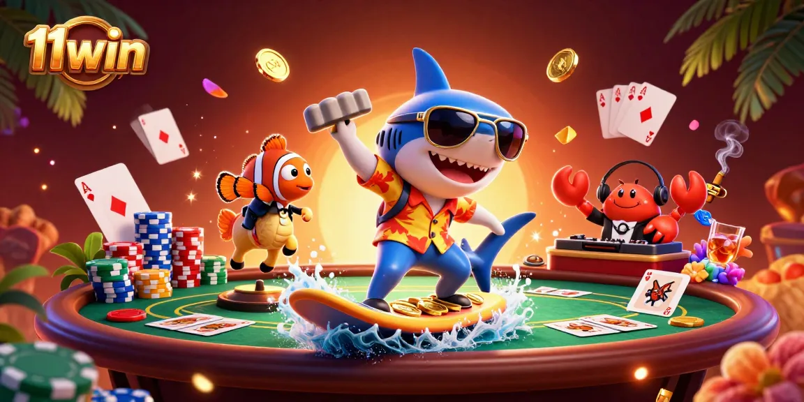 Experience thrills with 11win as a shark surfs coins with a tuxedo clownfish and DJ crab!
