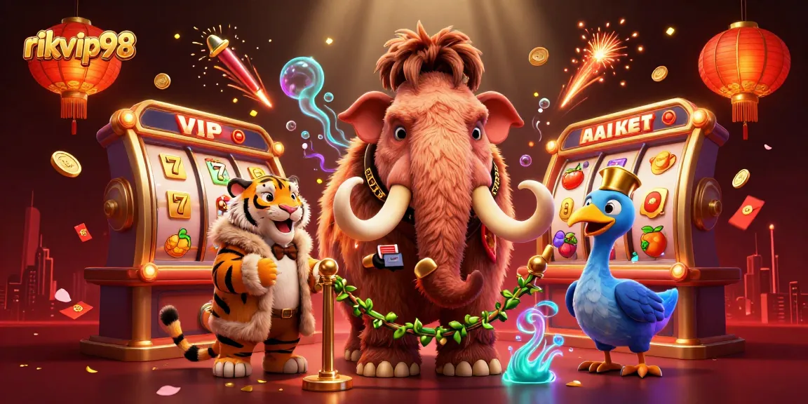 Win big at rikvip98 with vibrant slots, featuring a woolly mammoth bouncer checking IDs at a bustling casino.