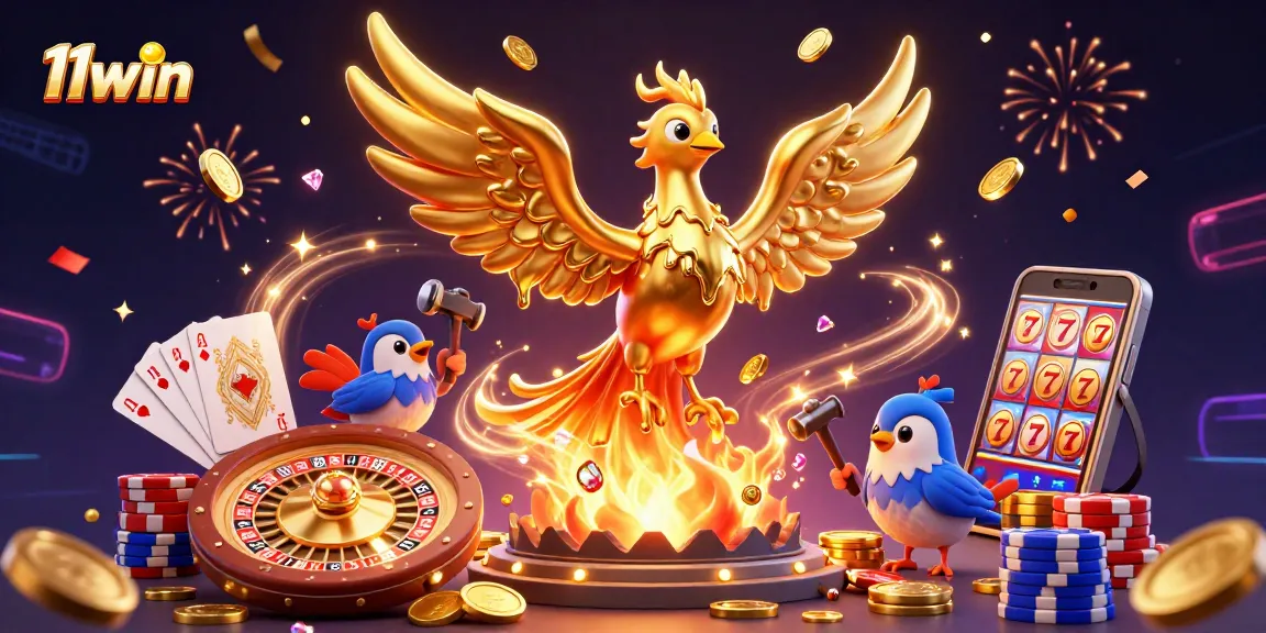 Experience the excitement of 11win with a golden phoenix and dynamic casino elements in this vibrant scene.