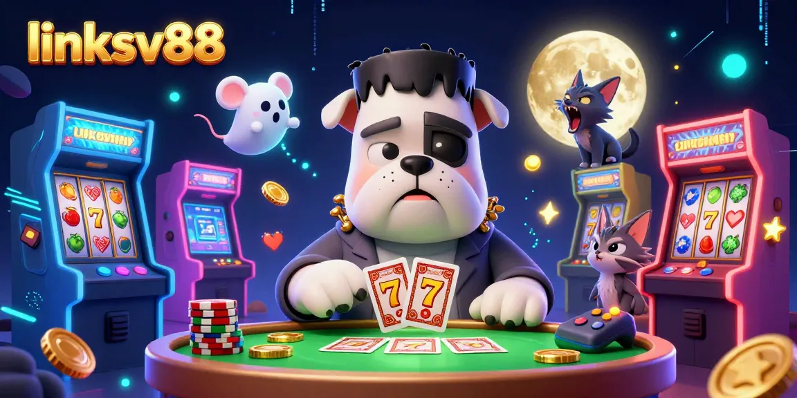 Link sv88 showcases a vibrant action scene with a 3D Frankenstein bulldog, slot reels, and a werewolf kitten.