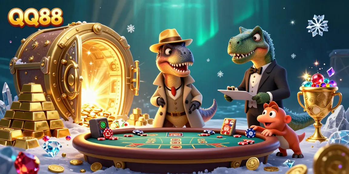 Engage with QQ88's thrilling casino scene featuring a velociraptor card counter at blackjack.