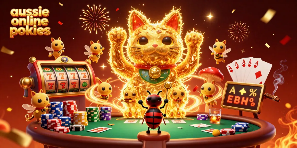 Experience thrilling aussie online pokies with a vibrant lucky cat and a swarm of golden fireflies.