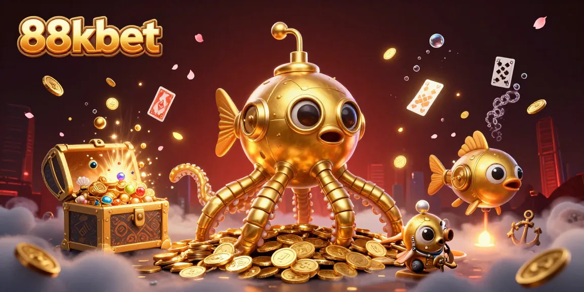 Win big at 88kbet, exploring treasures with a golden kraken submarine in a vibrant casino adventure.