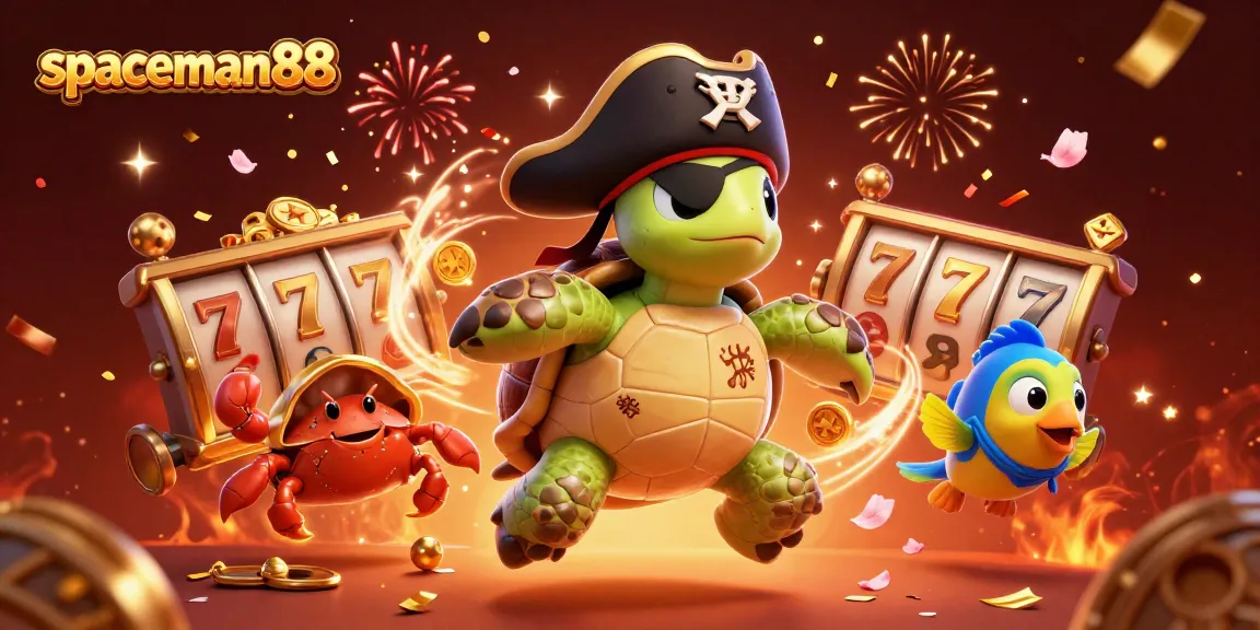 spaceman88 pirate turtle and friends celebrating wins with slot reels and festive elements