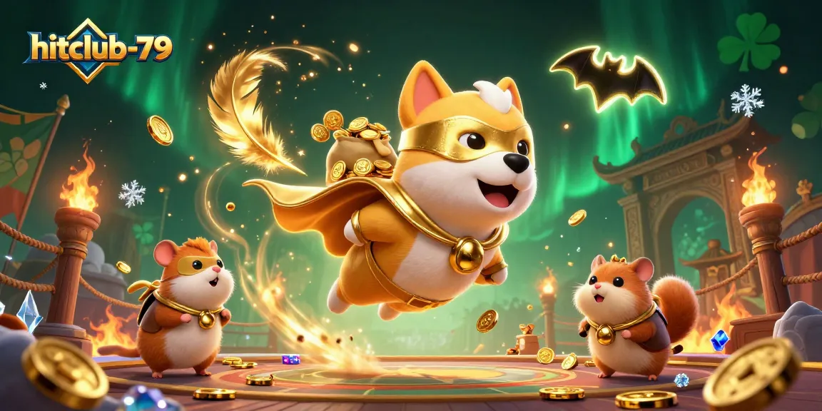 Experience thrilling gameplay dynamics with hitclub-79, featuring a superhero dog and hamster in a vibrant casino setting.