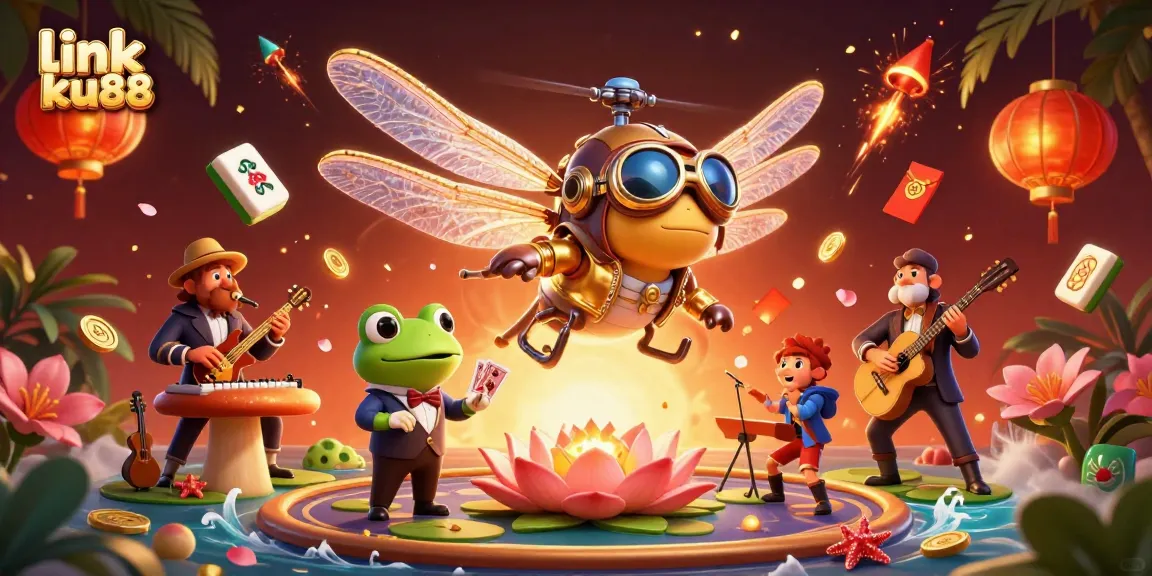 Engage with the thrilling world of link ku88, featuring a dragonfly pilot and frog croupier in an animated casino scene.