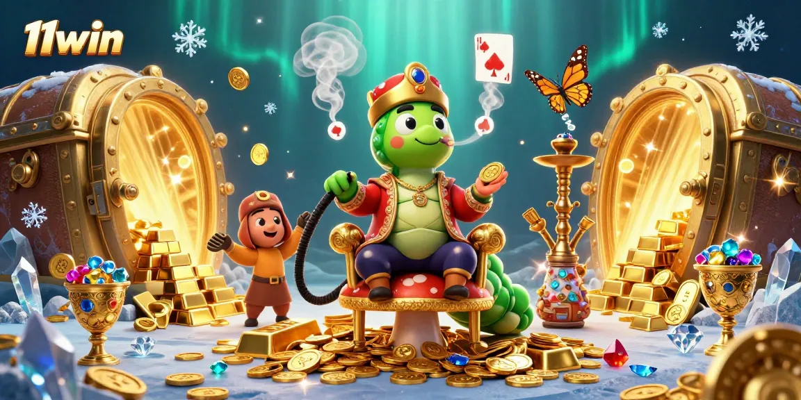 Experience the magic of 11win with vibrant casino-themed 3D illustration showcasing captivating characters and treasures.