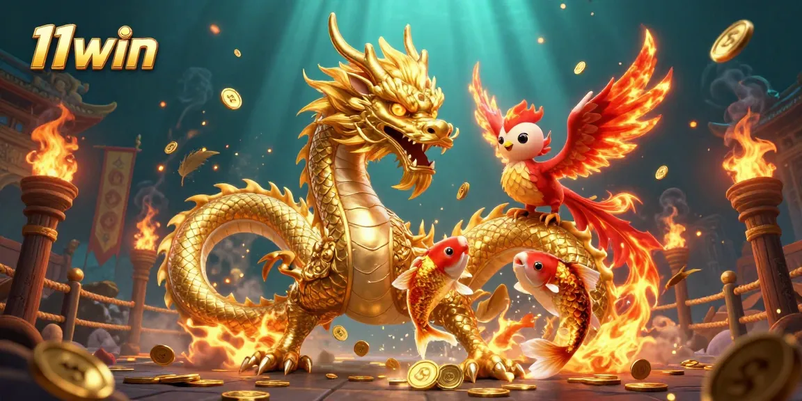 Experience the thrill of 11win with vibrant gaming elements, including dragons and phoenixes, in a captivating scene.