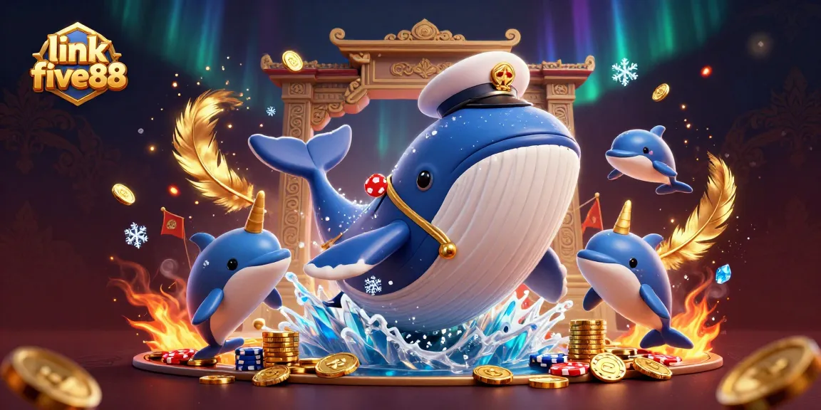 Join the excitement of link five88 as a whale breaches coins surrounded by playful dolphins and a golden narwhal.