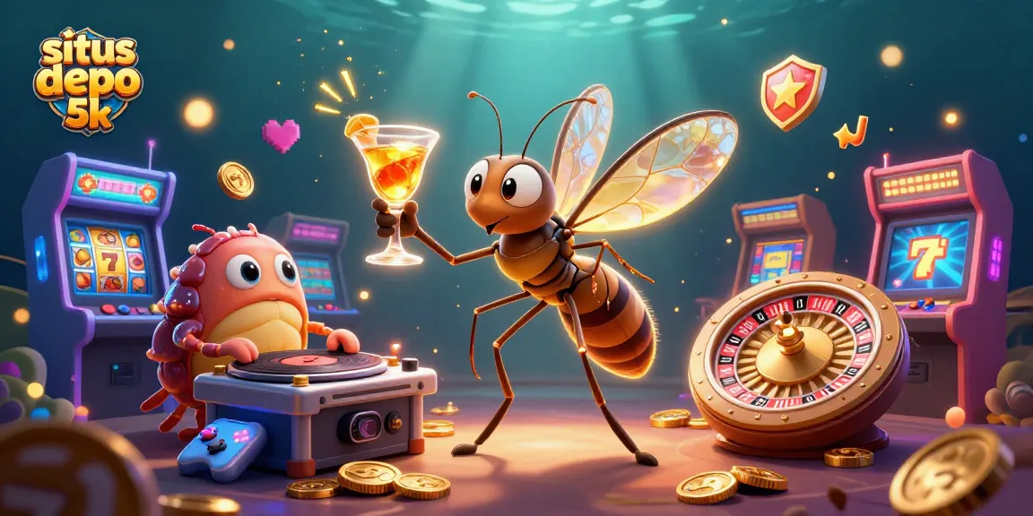 Place bets at situs depo 5k with an animated casino scene showcasing vibrant slot machines.