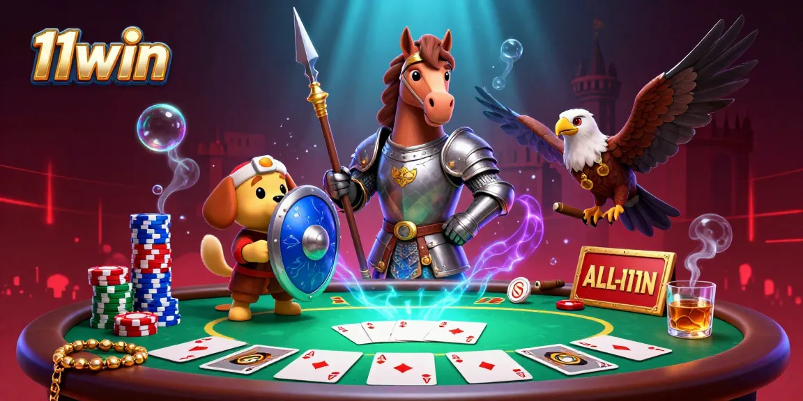 11win features a 3D knight and puppy at a poker table, showcasing vibrant gaming action.