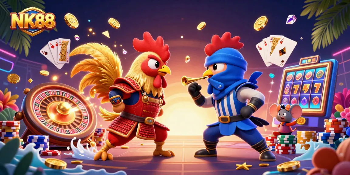 Witness the thrilling showdown of NK88's fighting roosters in a vibrant casino scene, filled with sparkles and excitement.
