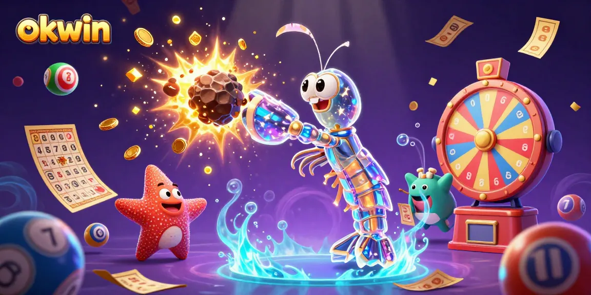 Experience the ultimate thrill with okwin's captivating galactic illustration of a mantis shrimp exploding asteroids for gems in a vibrant casino.