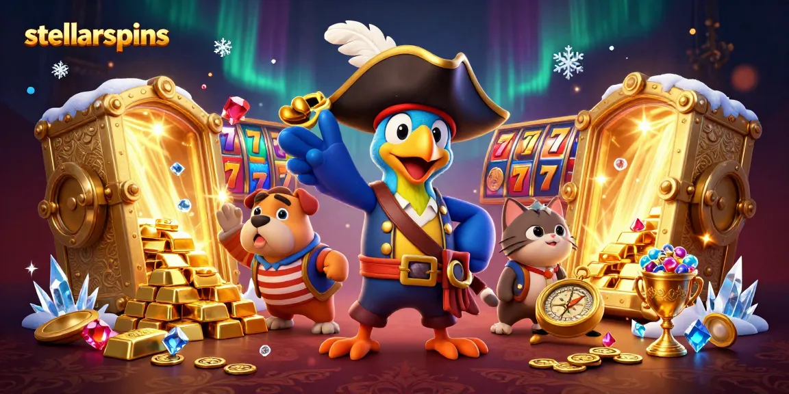 Spin to win at stellarspins with a vibrant 3D illustration of pirate-themed casino elements.