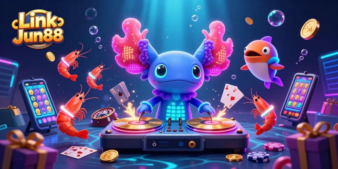 Spin and win with the vibrant Link Jun88 casino scene featuring exciting slot games and jubilant underwater characters.