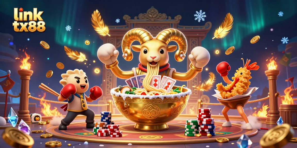 link tx88 showcases a vibrant casino scene with a golden ramen bowl dealer, cards, and chips.