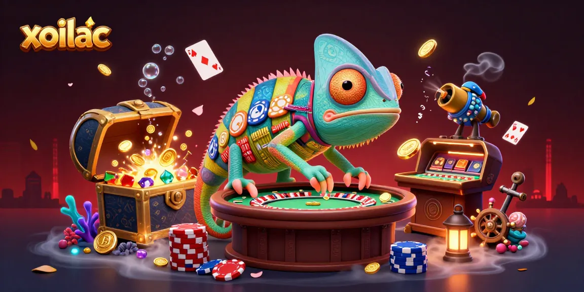 Engage with xoilac's casino world as a colorful chameleon captures golden coins in action.